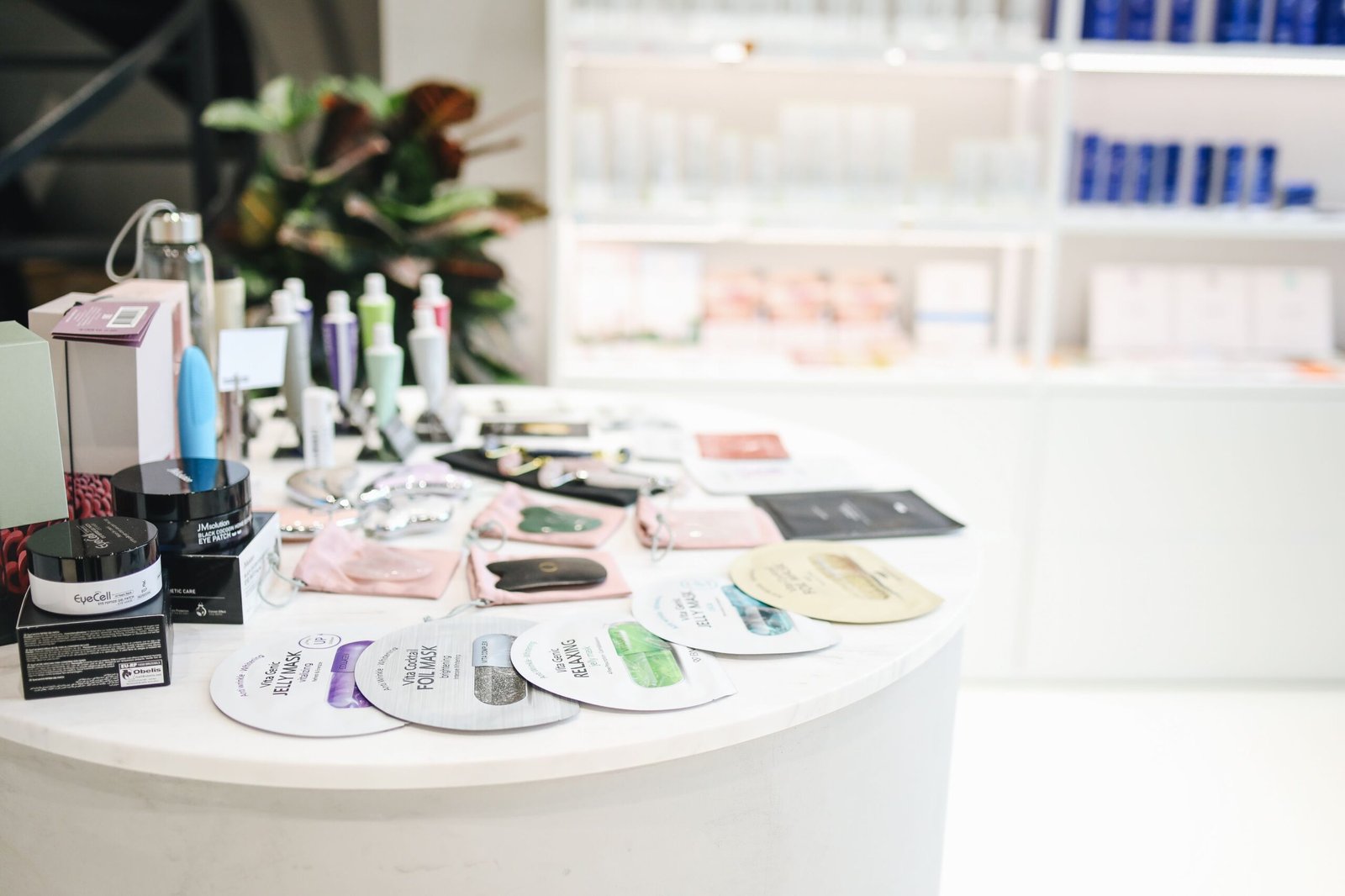 Wide selection of Skincare and beauty products displayed in a modern retail setting.
